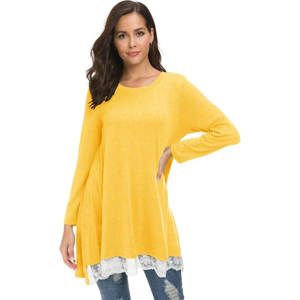 Women Lace Long Sleeve A-line Swing T-Shirt Casual Tunic Top Dress - Picture 4 of 7